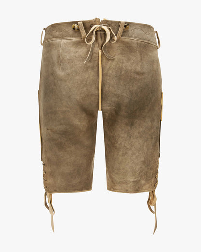 Brown leather shorts with drawstrings on a white background