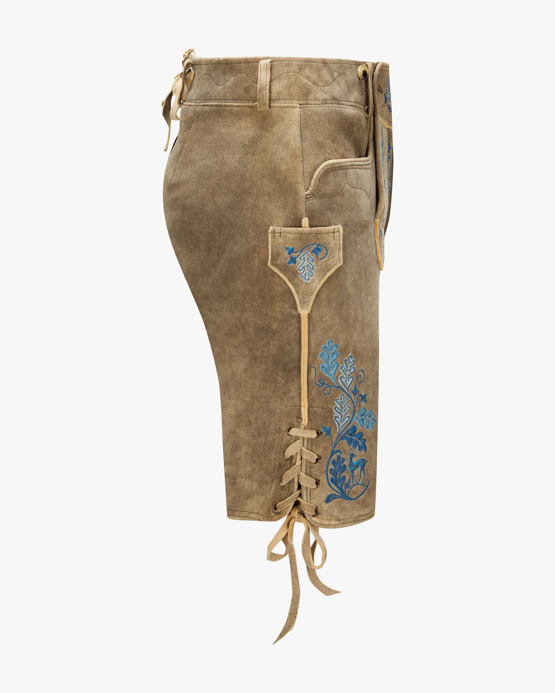 Brown leather pants with blue floral embroidery on a white background