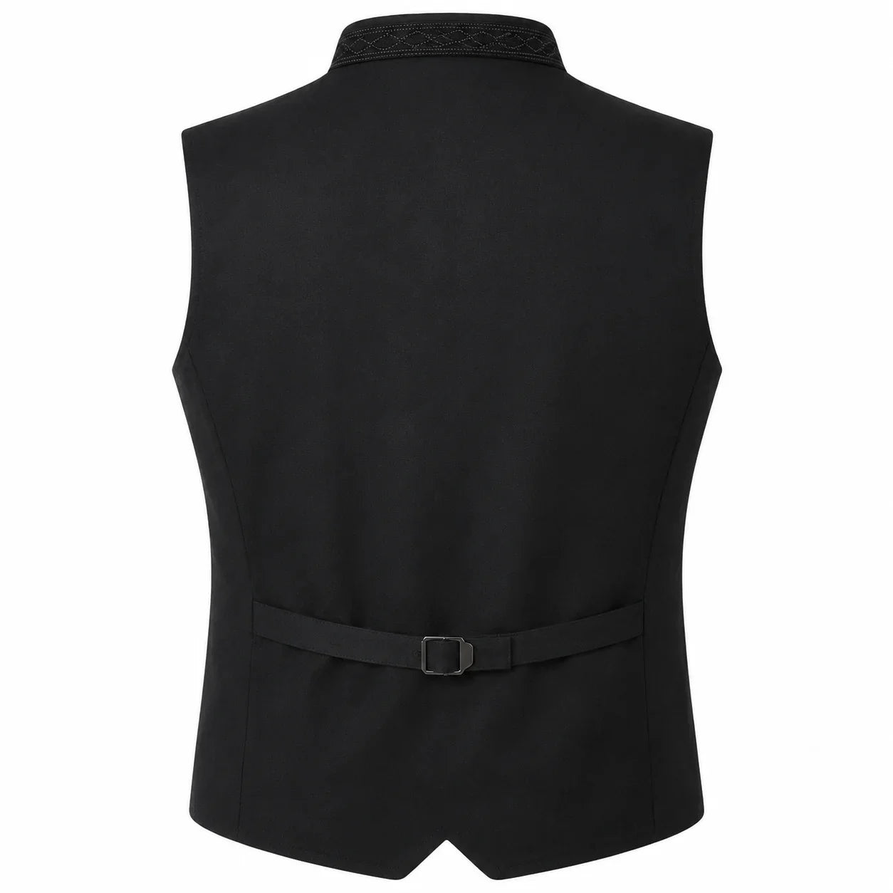 Black men's waistcoat vest with a decorative patterned collar and a matching waist belt with a silver buckle, shown from the back on a white background.