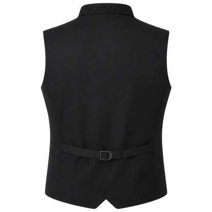 Black men's waistcoat vest with a decorative patterned collar and a matching waist belt with a silver buckle, shown from the back on a white background.