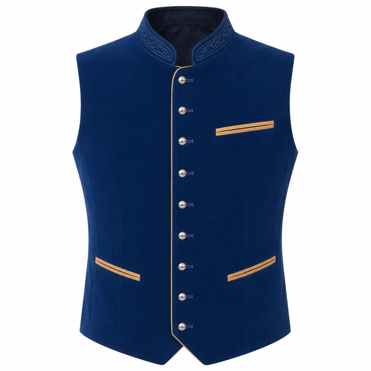 A men's sleeveless waistcoat vest in deep navy blue, featuring a mandarin collar with embroidered detailing, decorative silver-tone buttons down the front, and gold-colored piping accents on the chest and pockets.