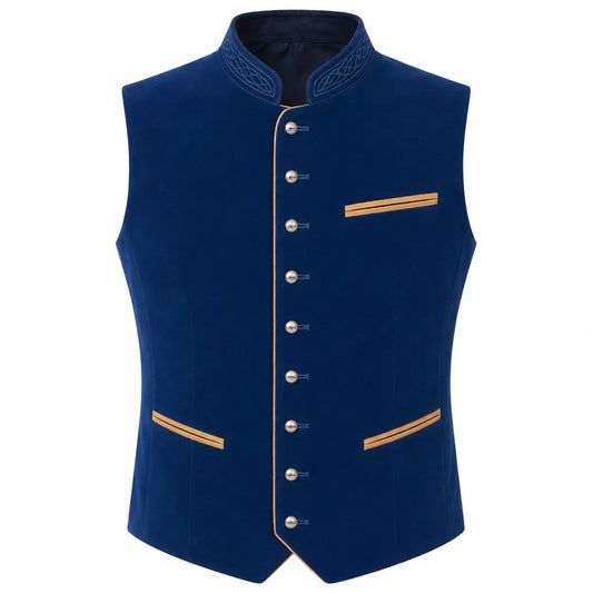 A men's sleeveless waistcoat vest in deep navy blue, featuring a mandarin collar with embroidered detailing, decorative silver-tone buttons down the front, and gold-colored piping accents on the chest and pockets.