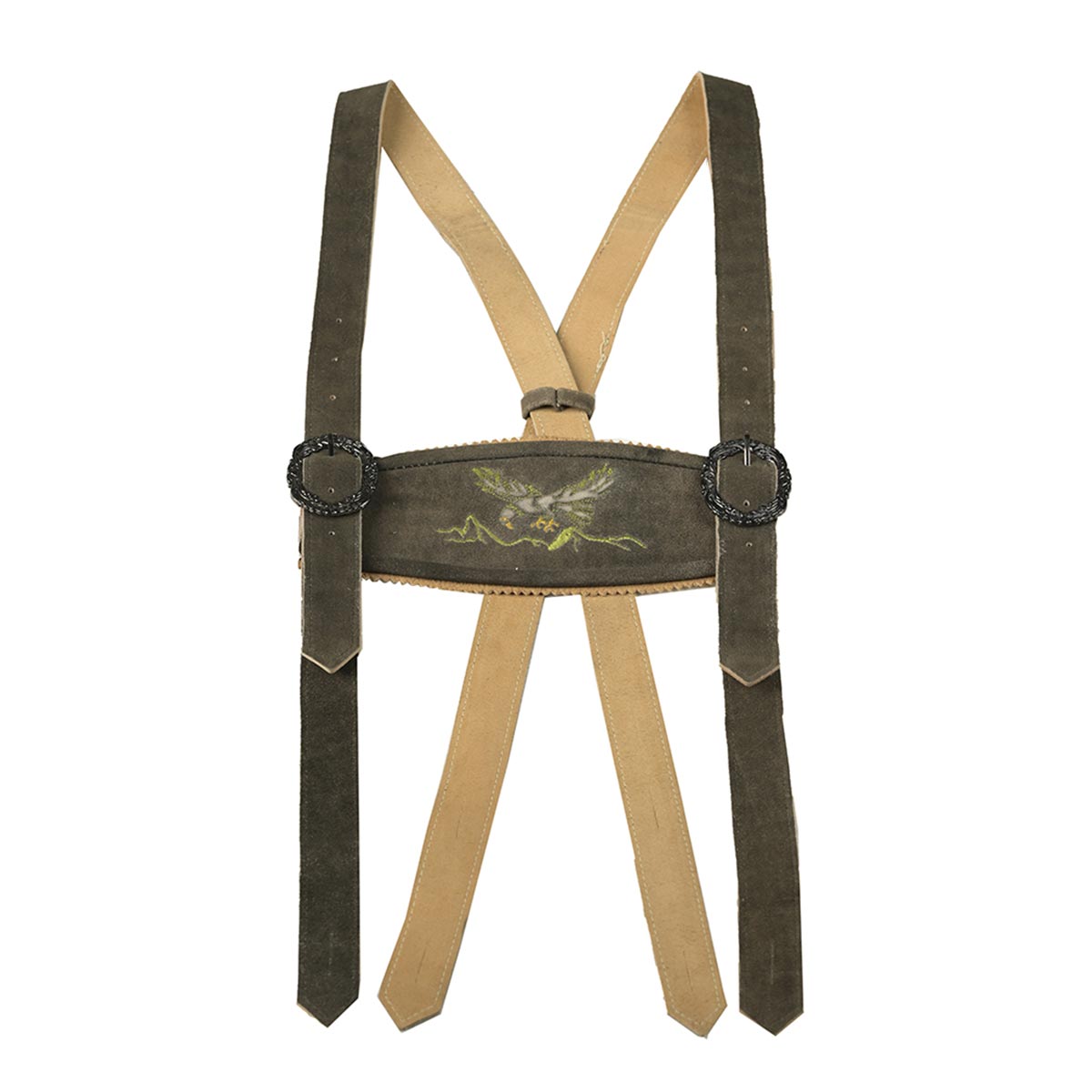 Suspenders with a decorative patch on a white background