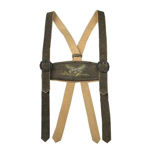 Suspenders with a decorative patch on a white background