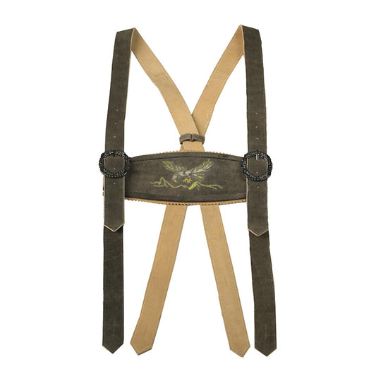 Suspenders with a decorative patch on a white background