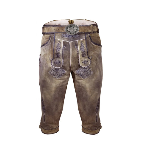 A pair of deerskin bundhosen with embroidery, featuring a rhino brown color and a traditional German fashion design.