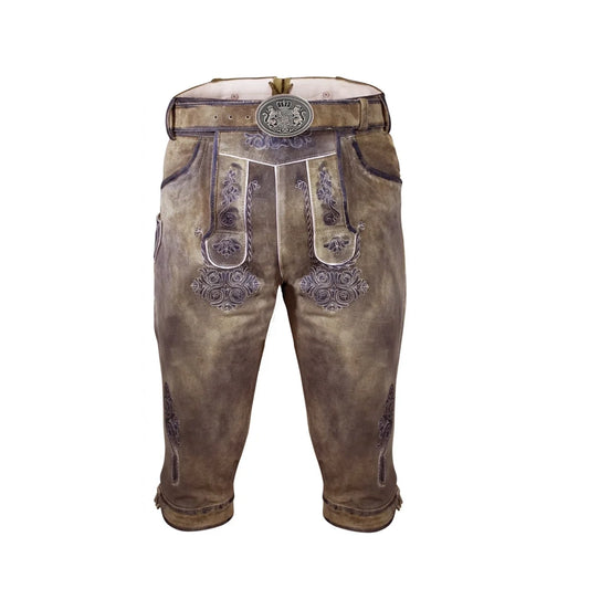 A pair of deerskin bundhosen with embroidery, featuring a rhino brown color and a traditional German fashion design.