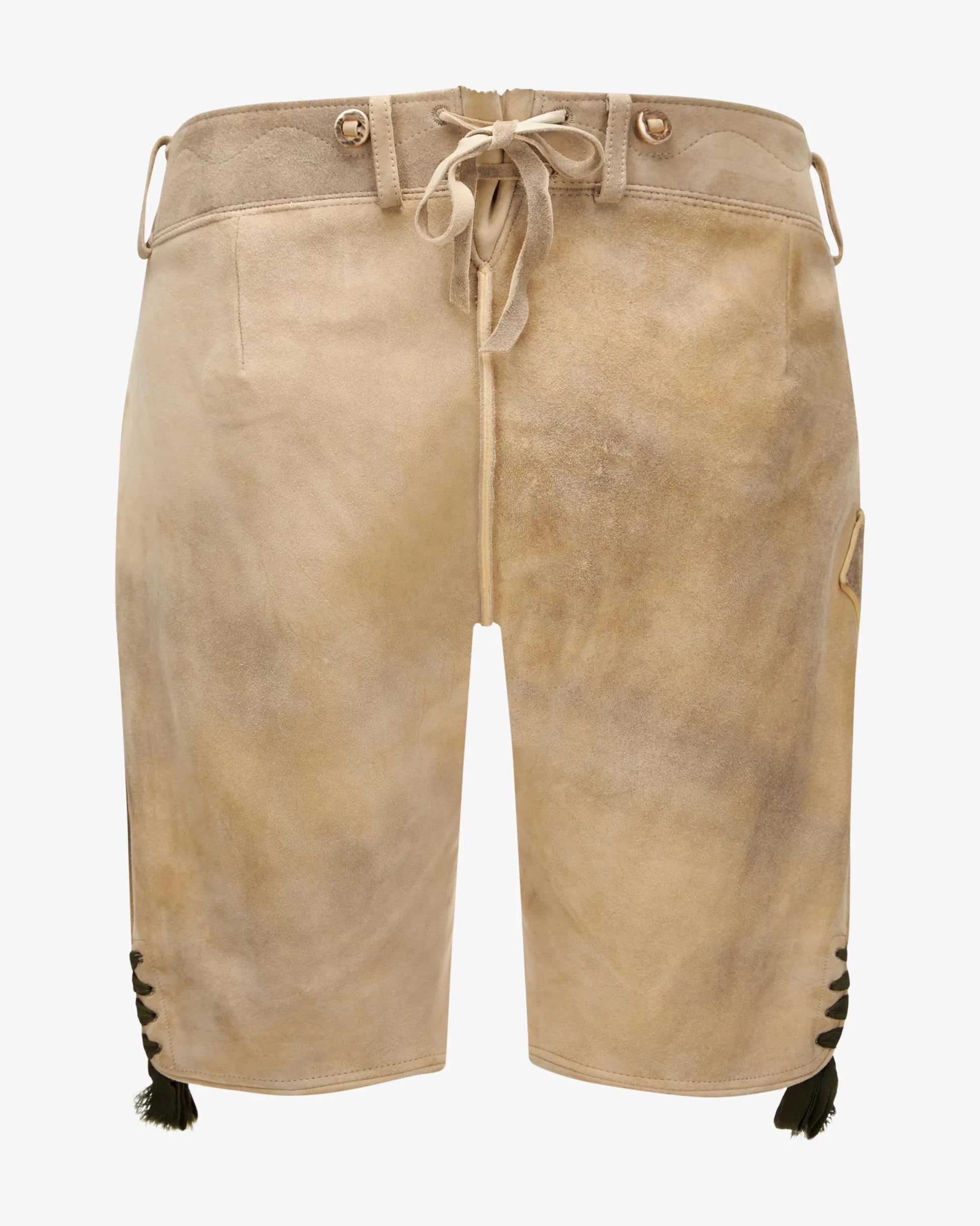 Beige shorts with black accents on a white background