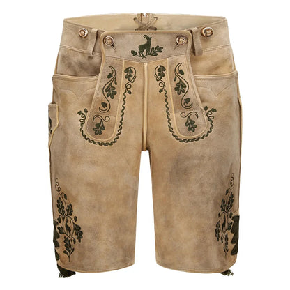 Beige leather shorts with decorative embroidery on a white background