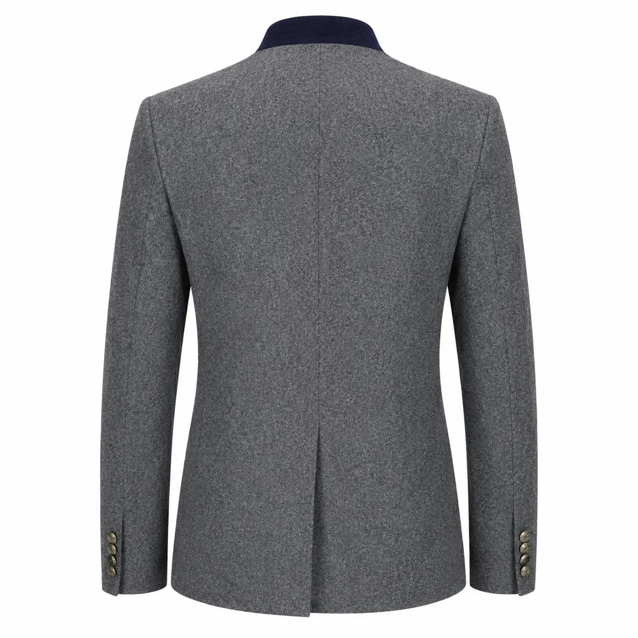 A men's gray textured blazer shown from the back, featuring a dark navy blue inner collar and gold-tone button details on the cuffs, set against a plain white background.