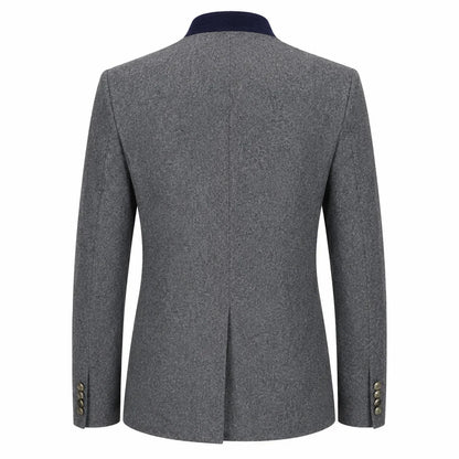 A men's gray textured blazer shown from the back, featuring a dark navy blue inner collar and gold-tone button details on the cuffs, set against a plain white background.