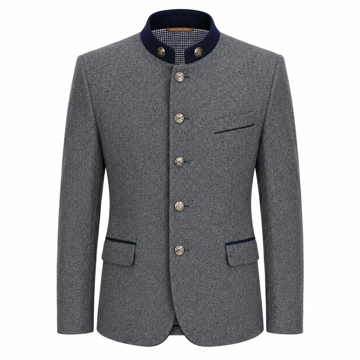 A men's gray textured jacket with a dark navy blue mandarin collar, decorative silver-tone buttons, and flap pockets, shown on a plain white background.