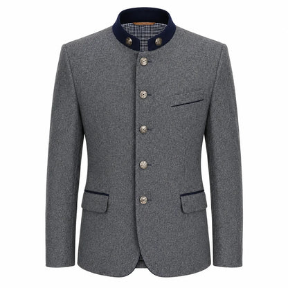 A men's gray textured jacket with a dark navy blue mandarin collar, decorative silver-tone buttons, and flap pockets, shown on a plain white background.