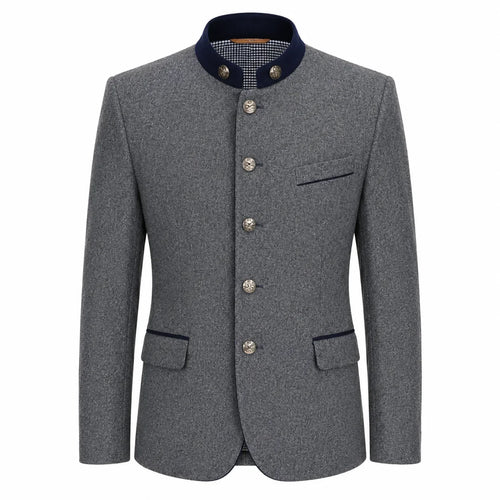 A men's gray textured jacket with a dark navy blue mandarin collar, decorative silver-tone buttons, and flap pockets, shown on a plain white background.