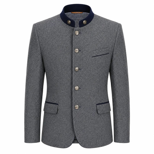 A men's gray textured jacket with a dark navy blue mandarin collar, decorative silver-tone buttons, and flap pockets, shown on a plain white background.
