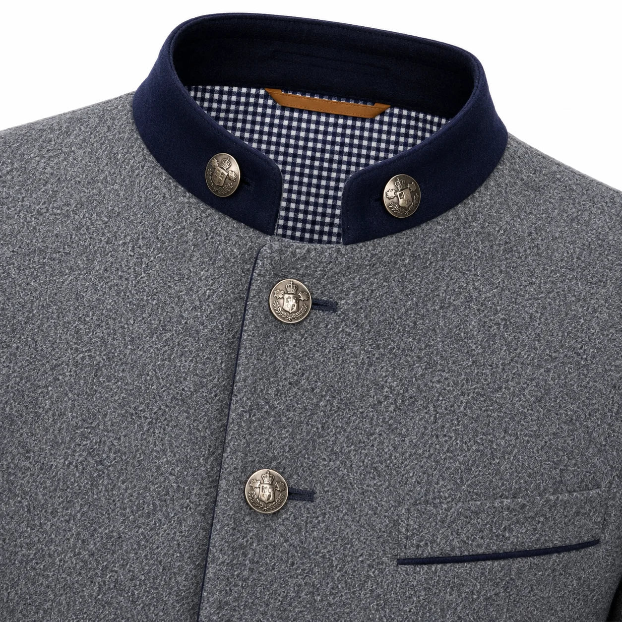 Close-up of a gray textured jacket with a dark navy stand collar, decorative metal buttons, and a gingham lining visible inside the collar.