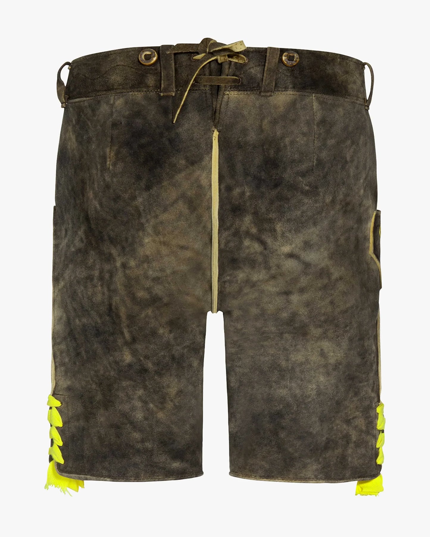 Brown shorts with yellow accents on a white background