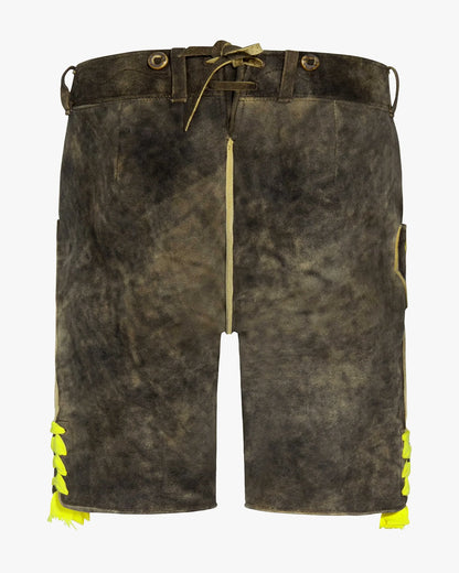 Brown shorts with yellow accents on a white background