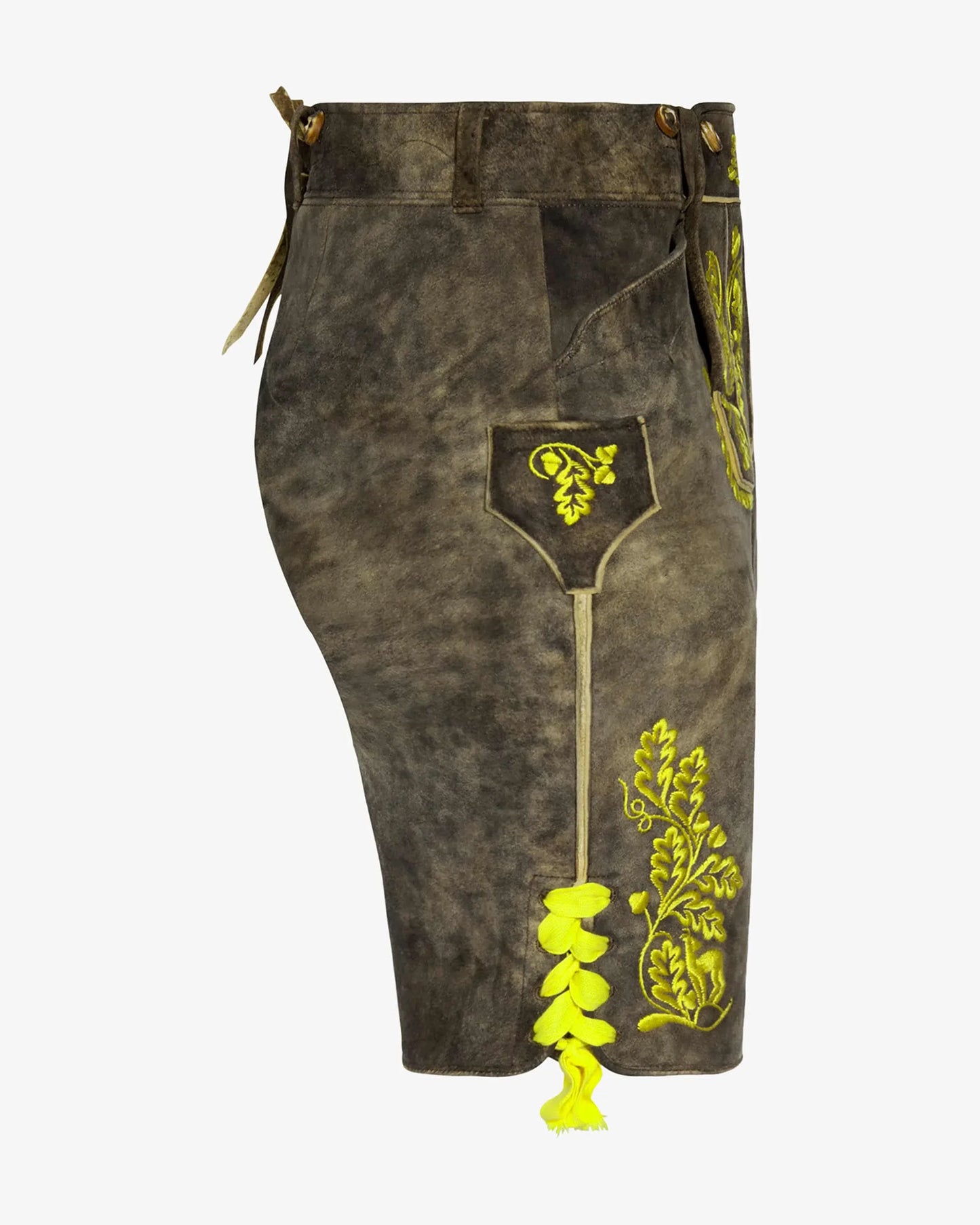 Brown leather shorts with green floral embroidery on a white background