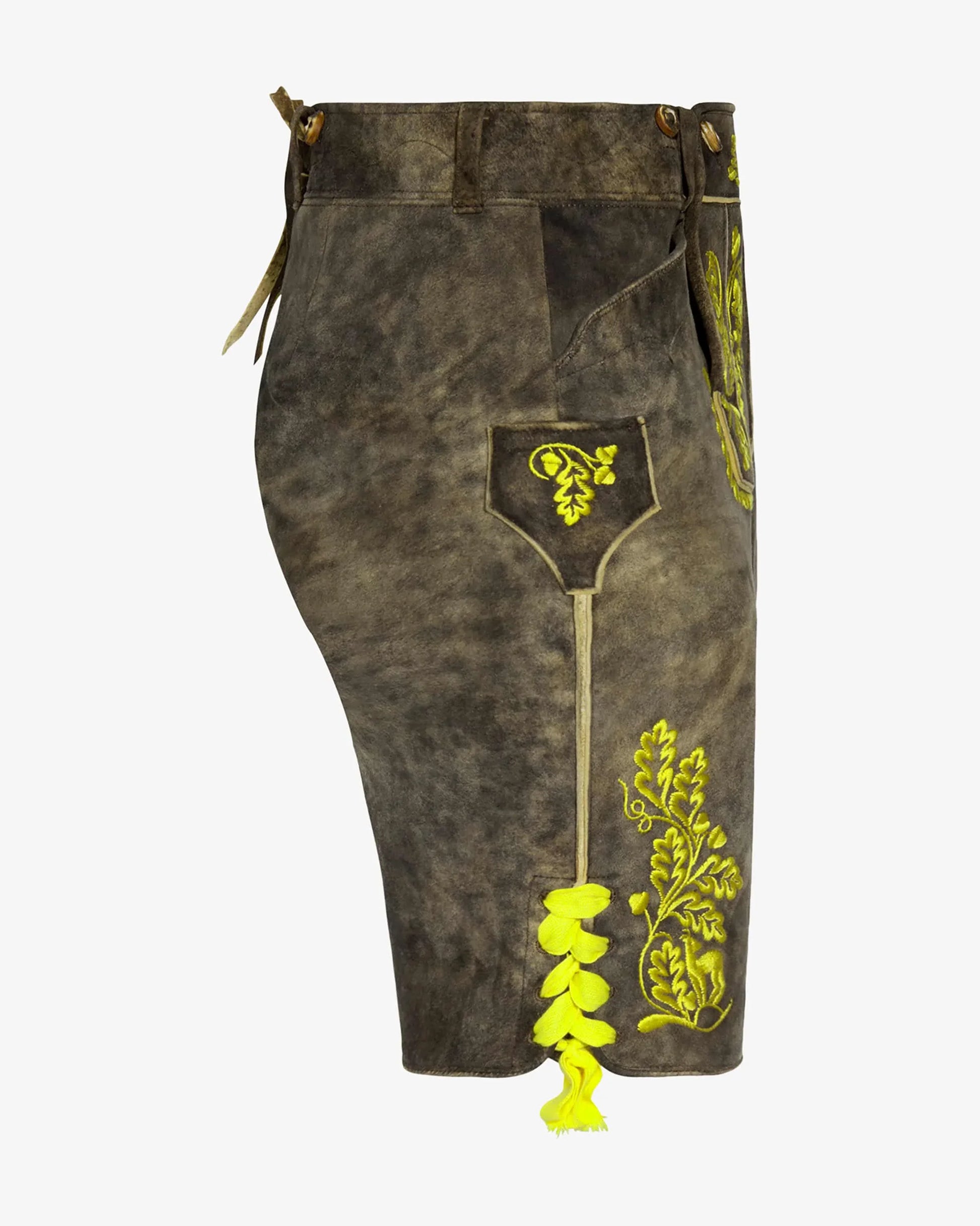 Brown leather shorts with green floral embroidery on a white background