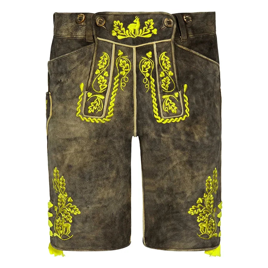 Brown shorts with yellow embroidery on a white background