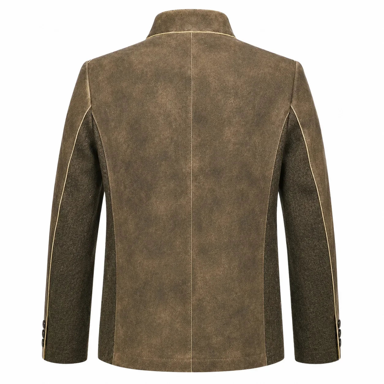 A men's brown suede jacket with contrasting dark brown textured sleeves, shown from the back on a white background.