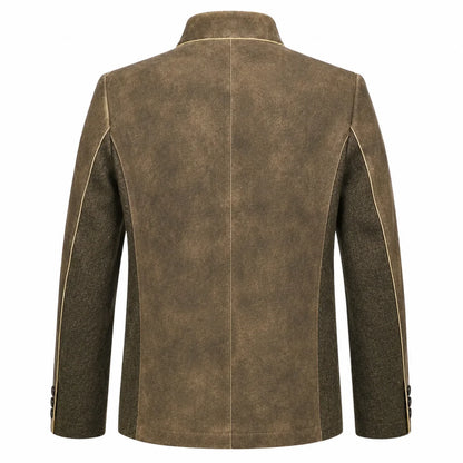 A men's brown suede jacket with contrasting dark brown textured sleeves, shown from the back on a white background.