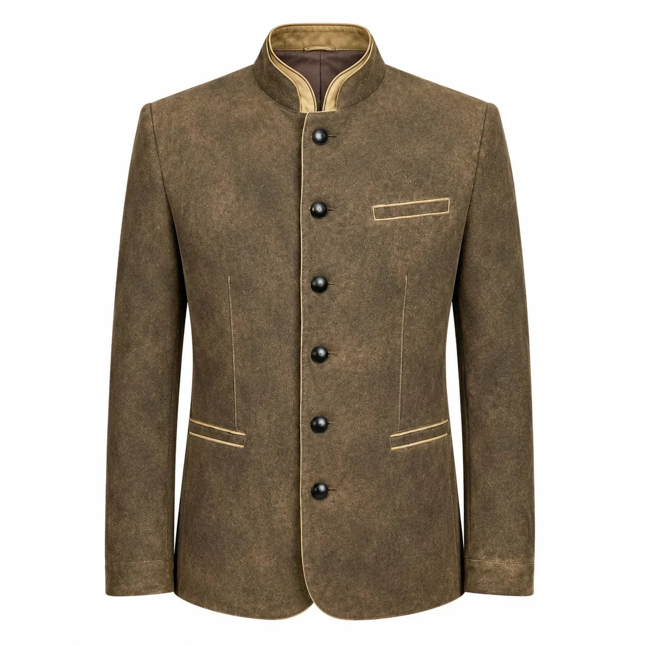 A men's brown jacket with a mandarin collar, black buttons, and beige contrast stitching, shown against a plain white background.
