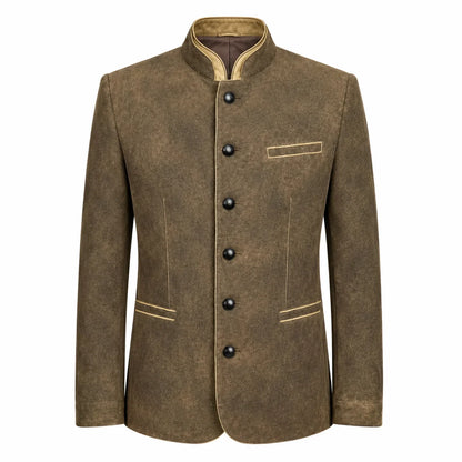 A men's brown jacket with a mandarin collar, black buttons, and beige contrast stitching, shown against a plain white background.