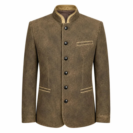 A men's brown jacket with a mandarin collar, black buttons, and beige contrast stitching, shown against a plain white background.
