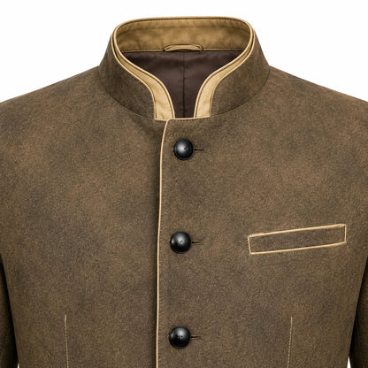 Close-up of a brown textured jacket with a mandarin collar, beige contrast piping, and three black buttons down the front.