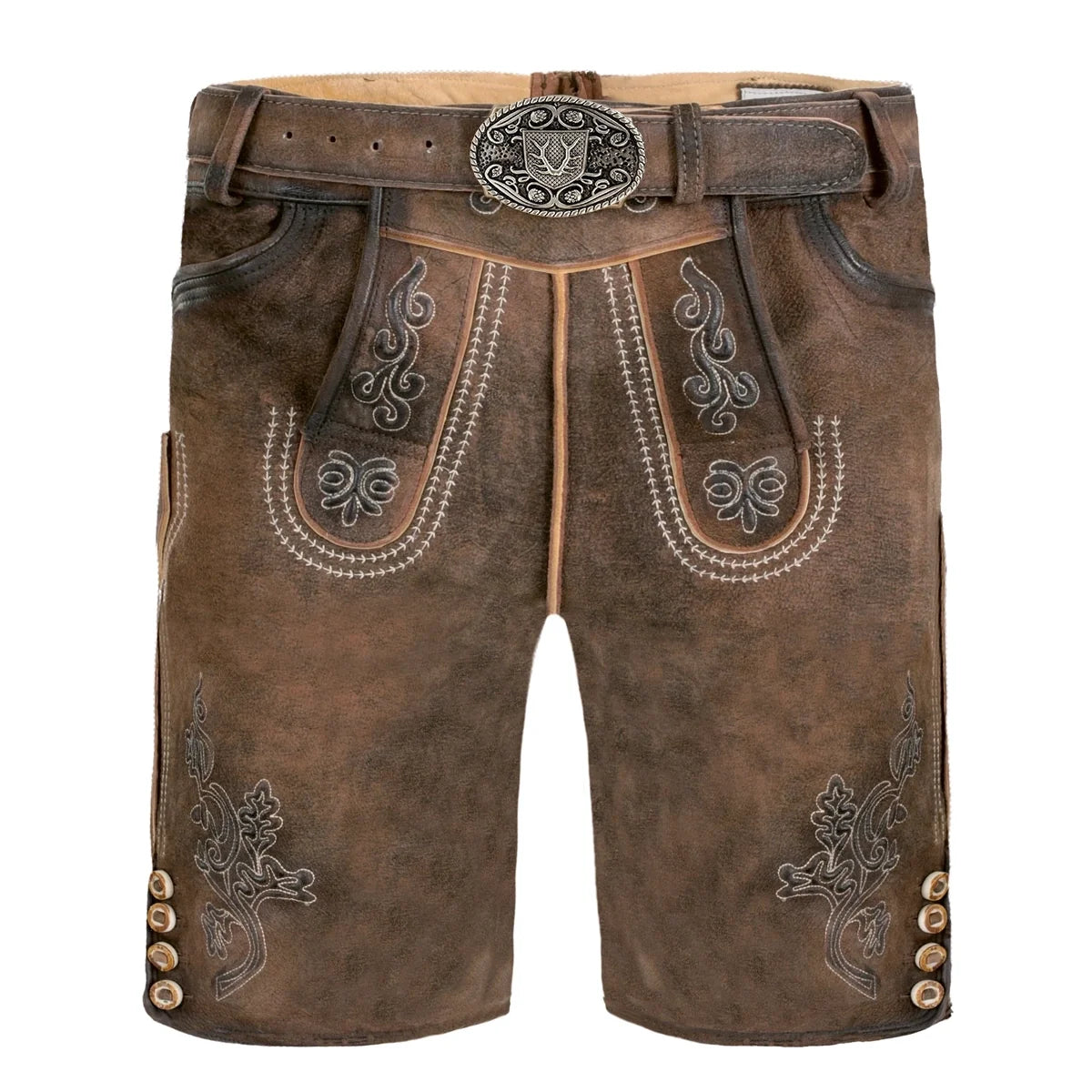 A pair of brown leather lederhosen shorts with embroidery and a belt.