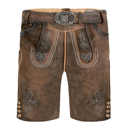 A pair of brown leather lederhosen shorts with embroidery and a belt.
