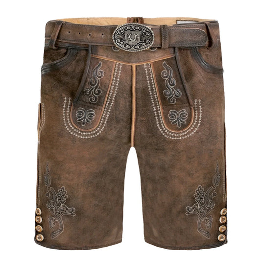A pair of brown leather lederhosen shorts with embroidery and a belt.