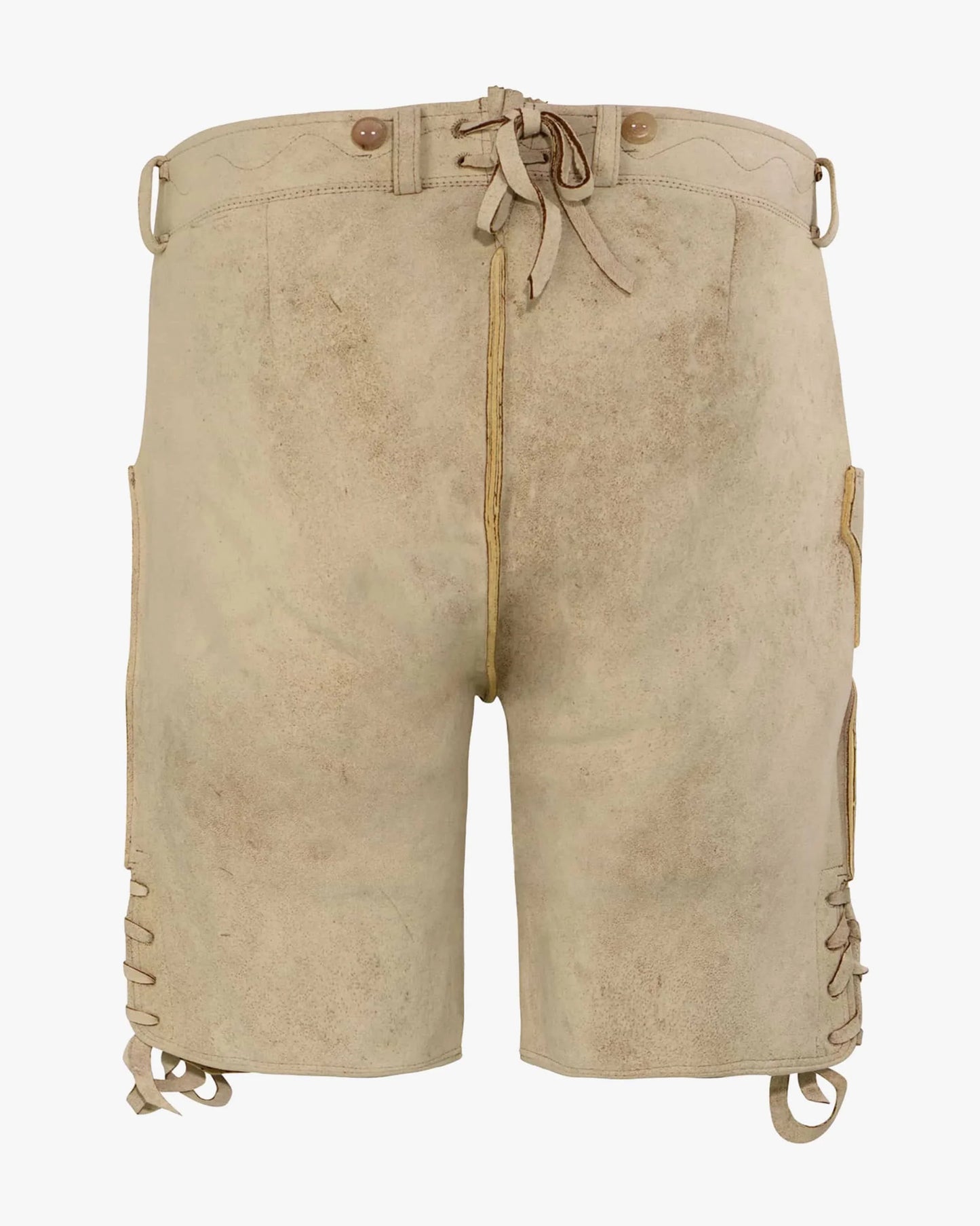 Beige shorts with lace-up details on a white background