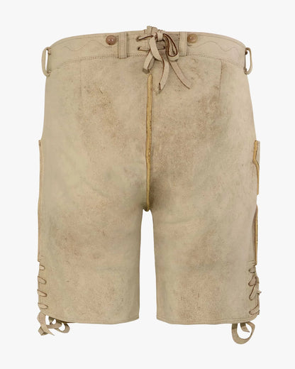 Beige shorts with lace-up details on a white background