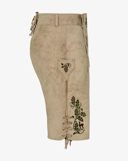 Beige shorts with floral embroidery on a white background
