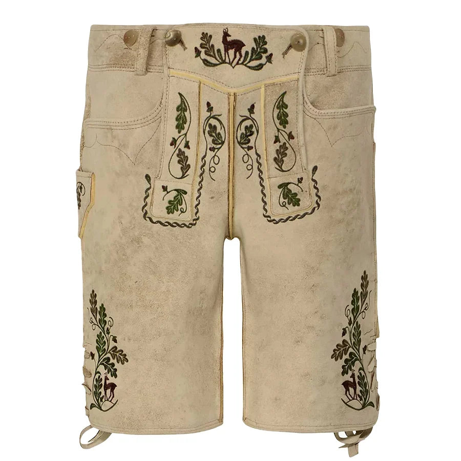 Beige shorts with green embroidery on a white background