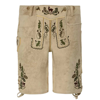 Beige shorts with green embroidery on a white background