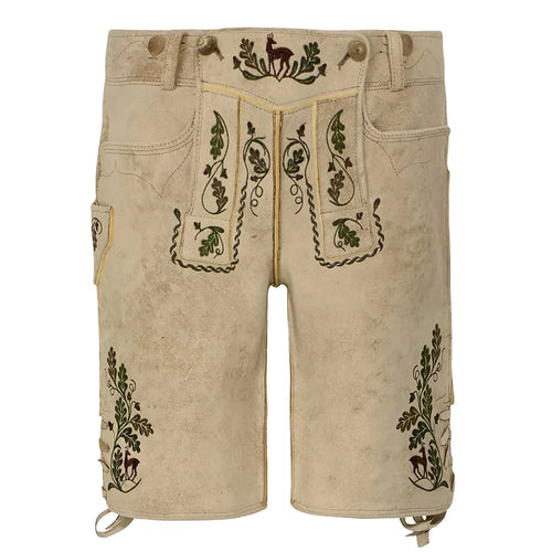 Beige shorts with green embroidery on a white background