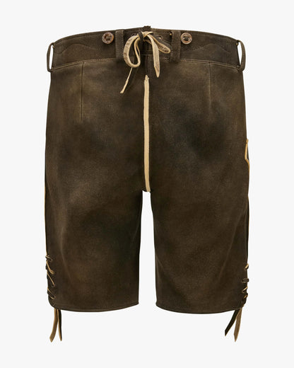 Brown leather shorts with button details on a white background