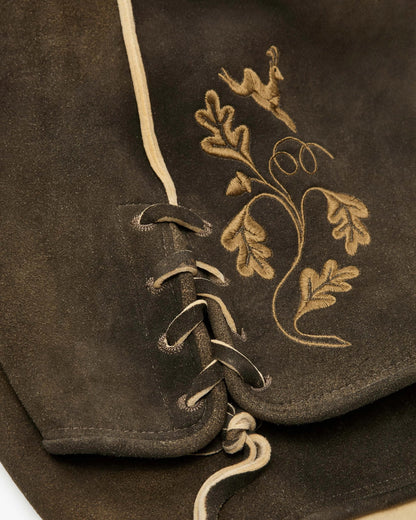 Brown leather jacket with embroidered floral design and laces