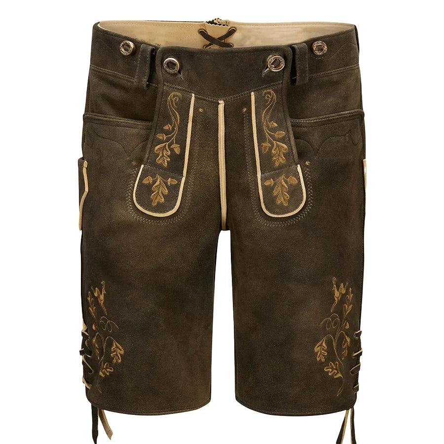 Brown leather shorts with gold embroidery on a white background