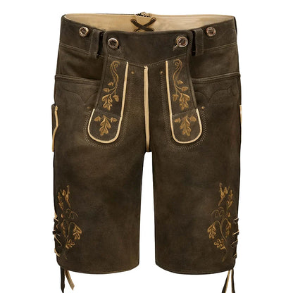 Brown leather shorts with gold embroidery on a white background