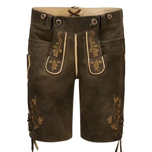 Brown leather shorts with gold embroidery on a white background