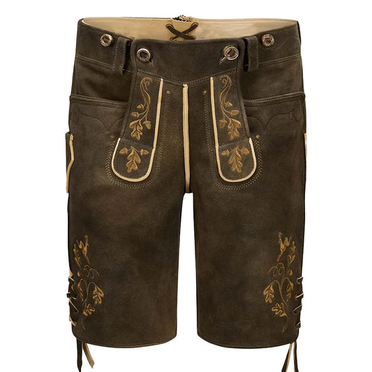 Brown leather shorts with gold embroidery on a white background