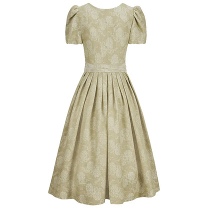 Beige floral dress with puff sleeves on a white background