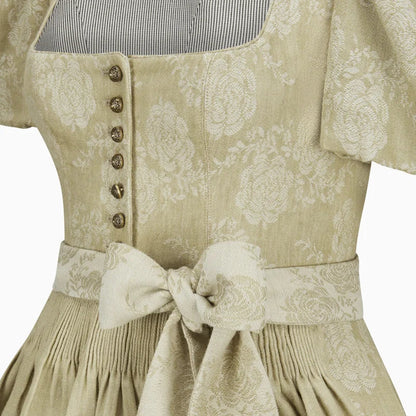 Beige floral dress with a bow detail on a white background