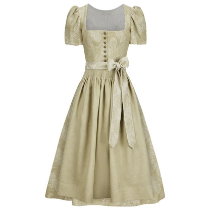 Beige dress with puffed sleeves and a belt on a white background