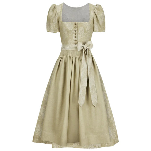Beige dress with puffed sleeves and a belt on a white background